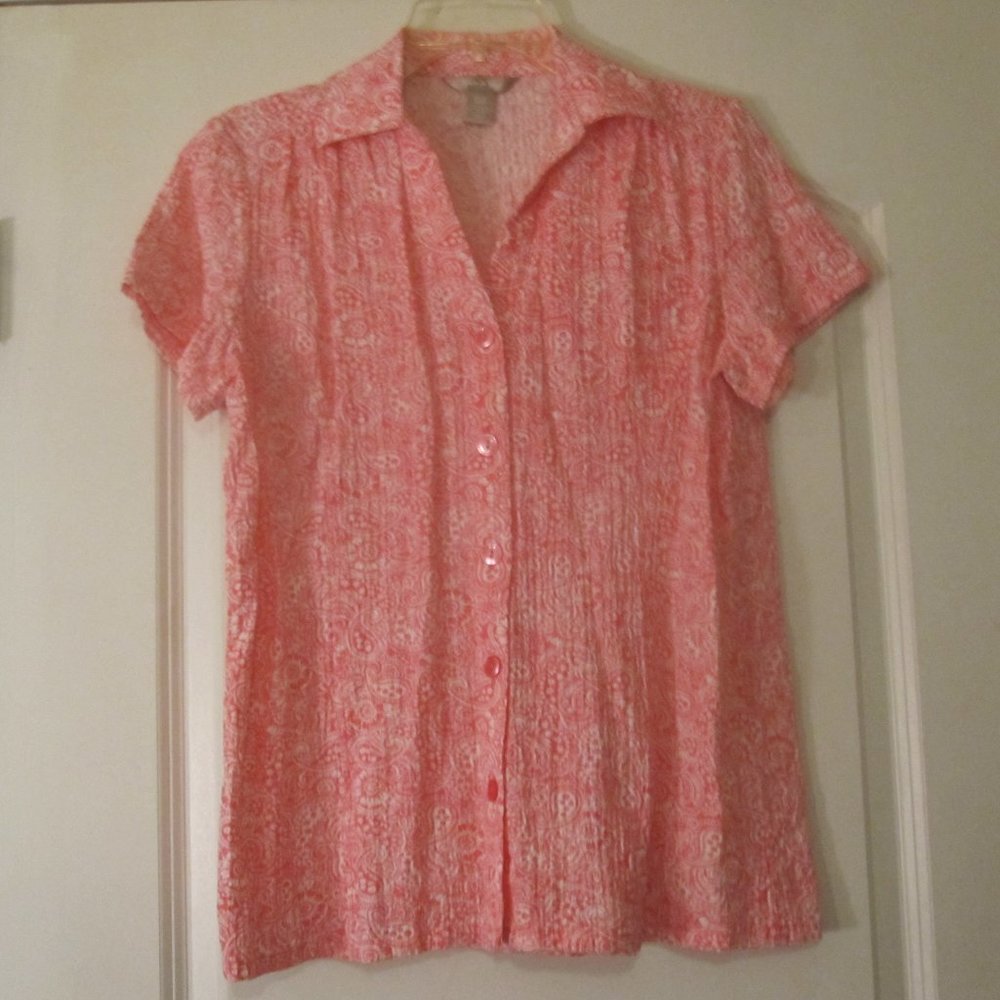 White Stag V-Neck Top.SS Pink&White Paisley Sz.S